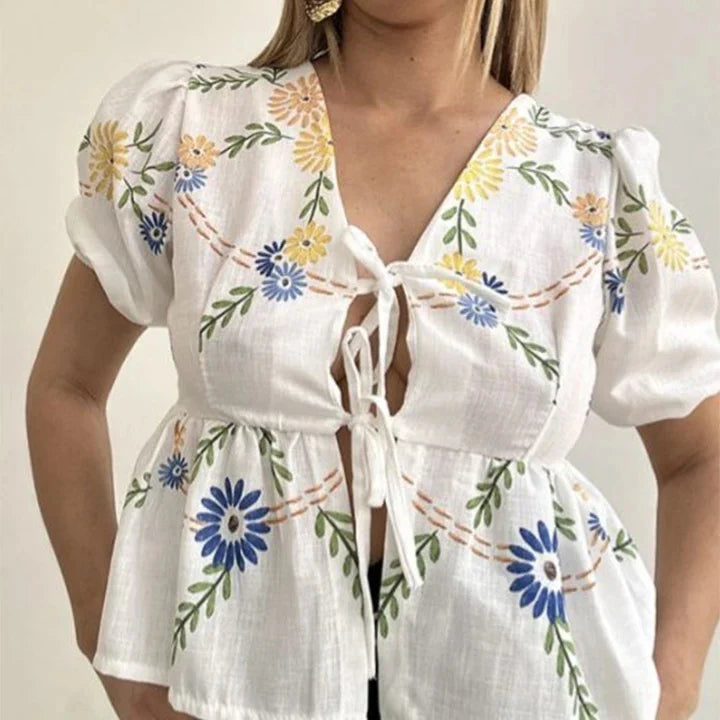 Fashion Print Bow Lace Up Women Blouses Loose V-neck Short Puff Sleeve Female Shirts Spring Summer Casual Lady Flower Tops