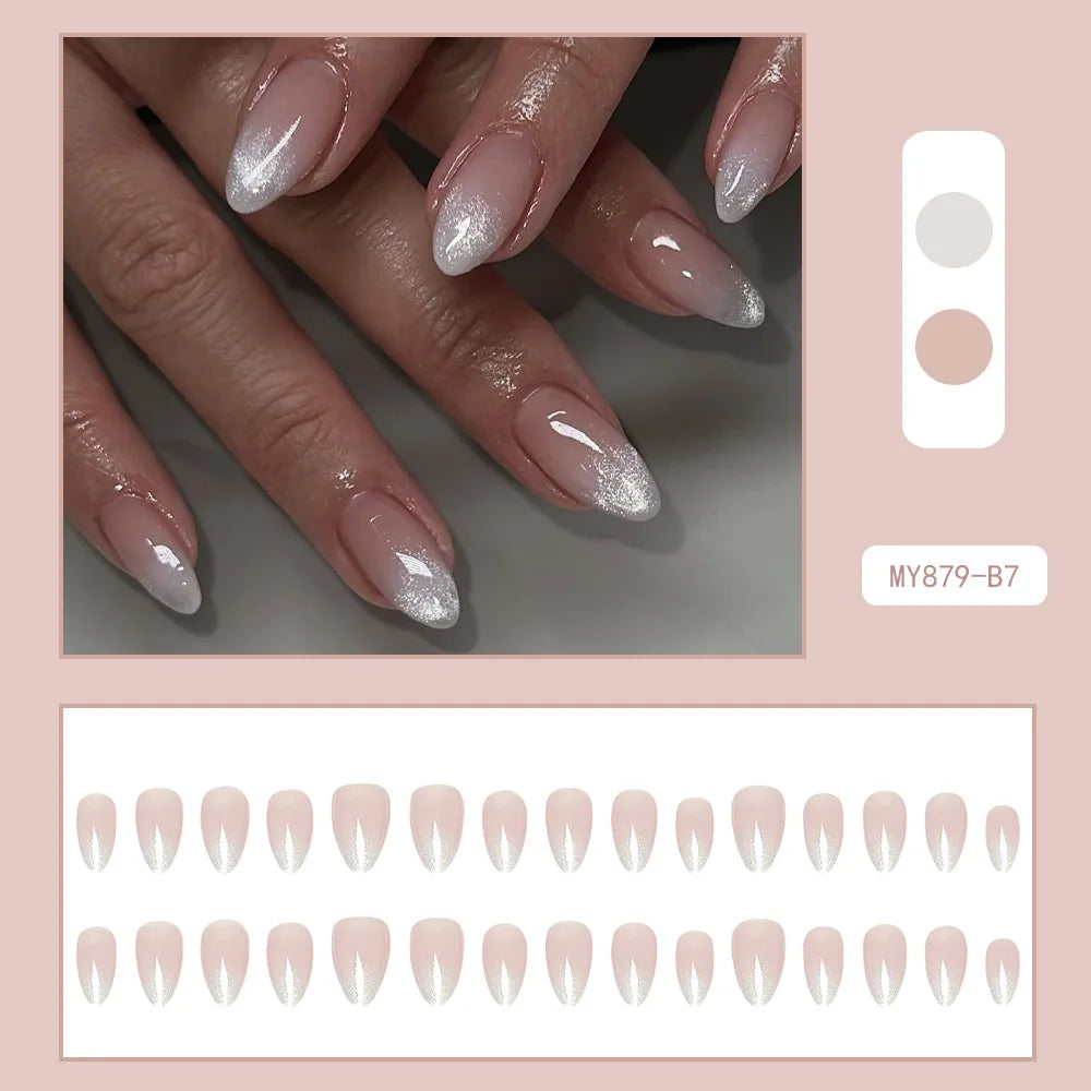 24pcs Cat's Eye Pink Almond French Style Press on Nails Pink 3D Printing Fake Nails Full Cover Wearable False Nails