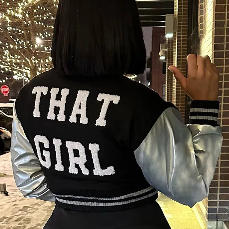 Bizarre Chat Moelleux Lettre Veste Courte Varsity Femmes Hipster Manches En Cuir Patchwork Y2K Baseball Décontracté Sauvage Streetcoat Outwear 