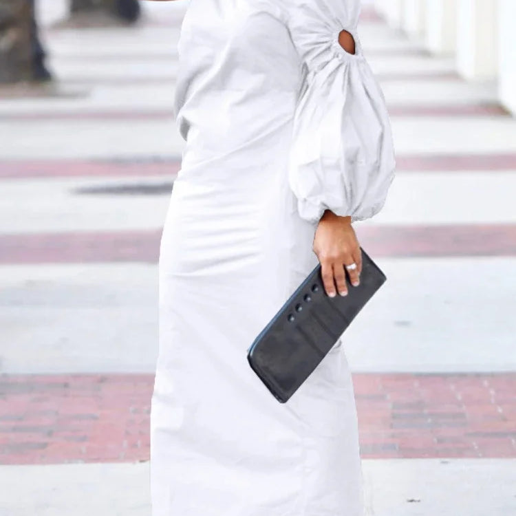 CM.YAYA Women Cutout One Long Sleeve Ruched Side Split Maxi Bodycon Midi Dress 2023 Winter Vintage Sexy Party Dresses Vestidos