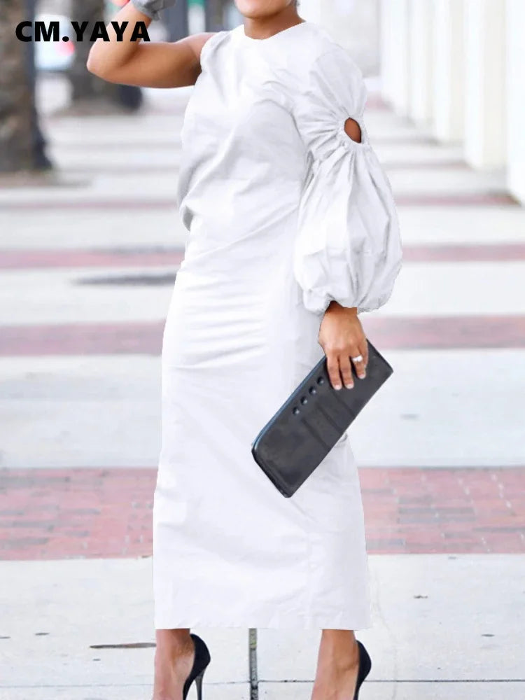 CM.YAYA Women Cutout One Long Sleeve Ruched Side Split Maxi Bodycon Midi Dress 2023 Winter Vintage Sexy Party Dresses Vestidos