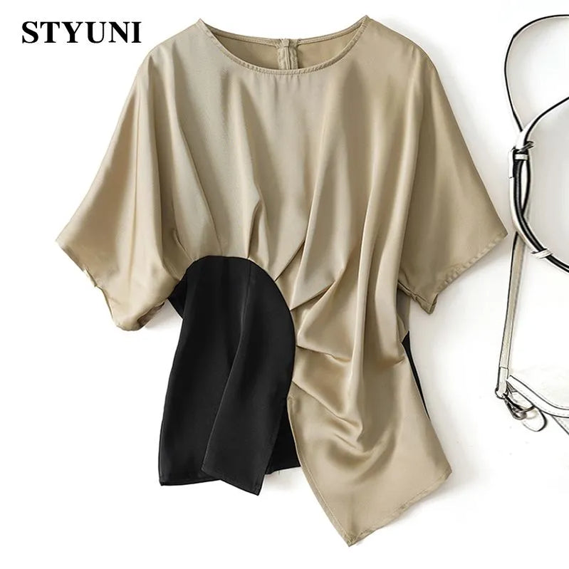 Asymmetric Spliced O-Neck Batwing Short Sleeve Women's Blouse Shirt Pullover Korean Fashion Female Clothing Tops Summer 2023