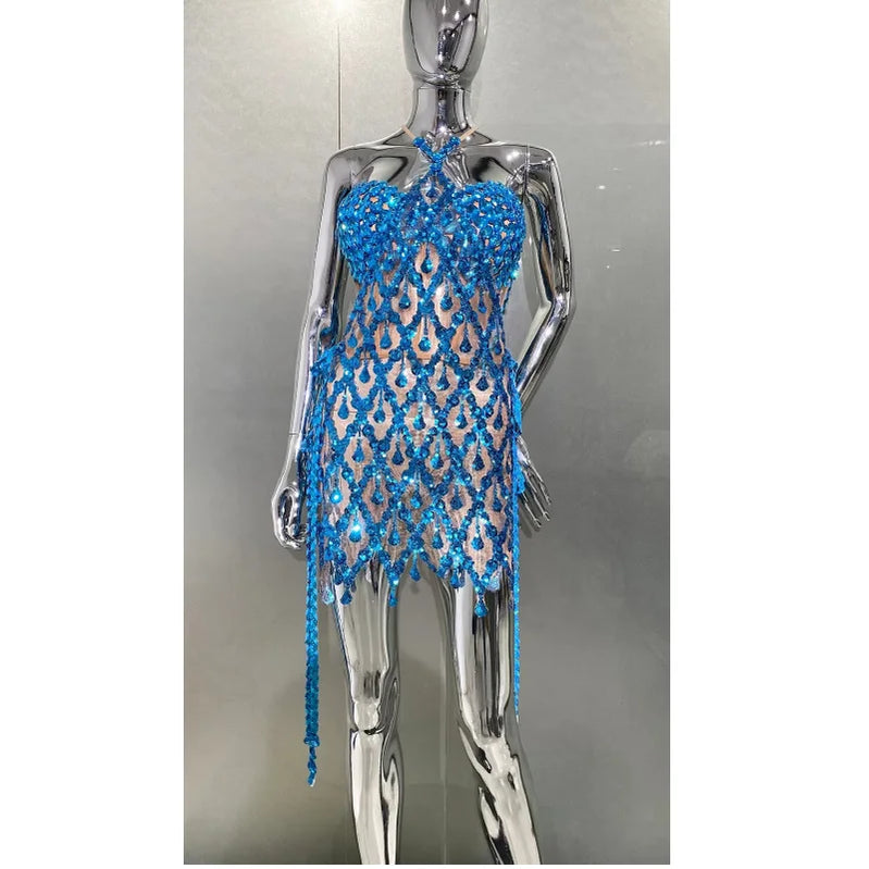 Blue Sequins Shining Diamonds Long Tassel Sleeveless Mini Dress 2 Pieces High Quality Birthday Party Outfit Performances Costume