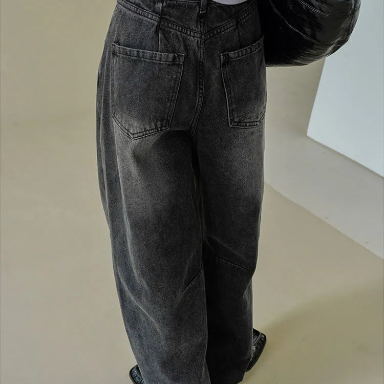 [LANMREM] Vintage Washed Jeans For Women High Waist Straight Wide Leg Denim Pants Streetwear Trousers Spring New 26D8252