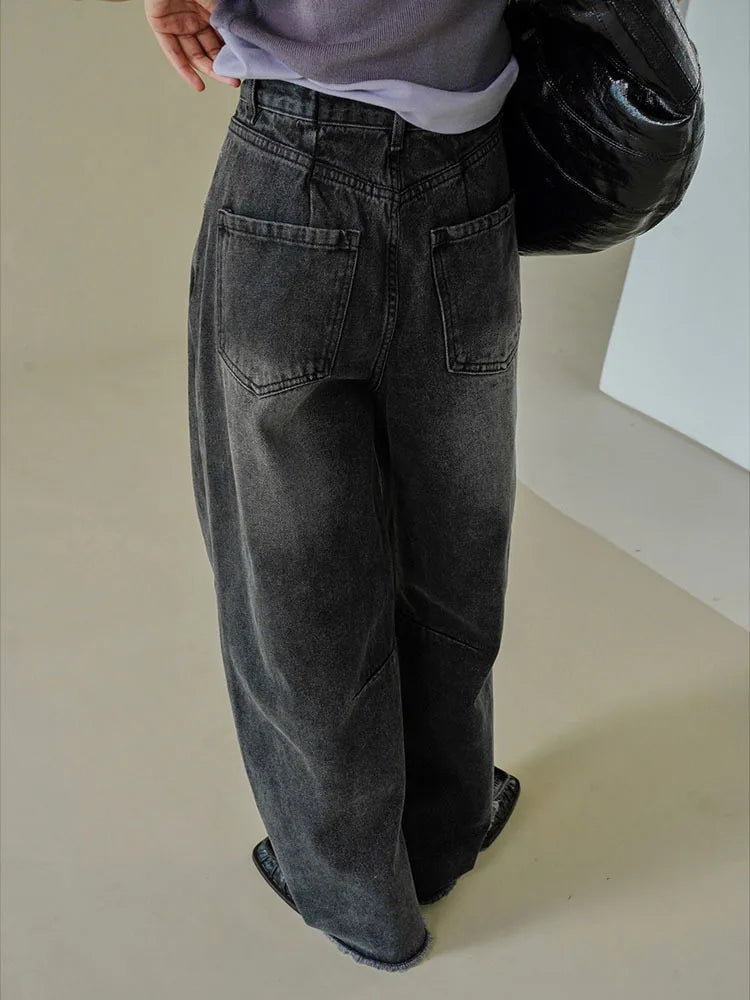 [LANMREM] Vintage Washed Jeans For Women High Waist Straight Wide Leg Denim Pants Streetwear Trousers Spring New 26D8252
