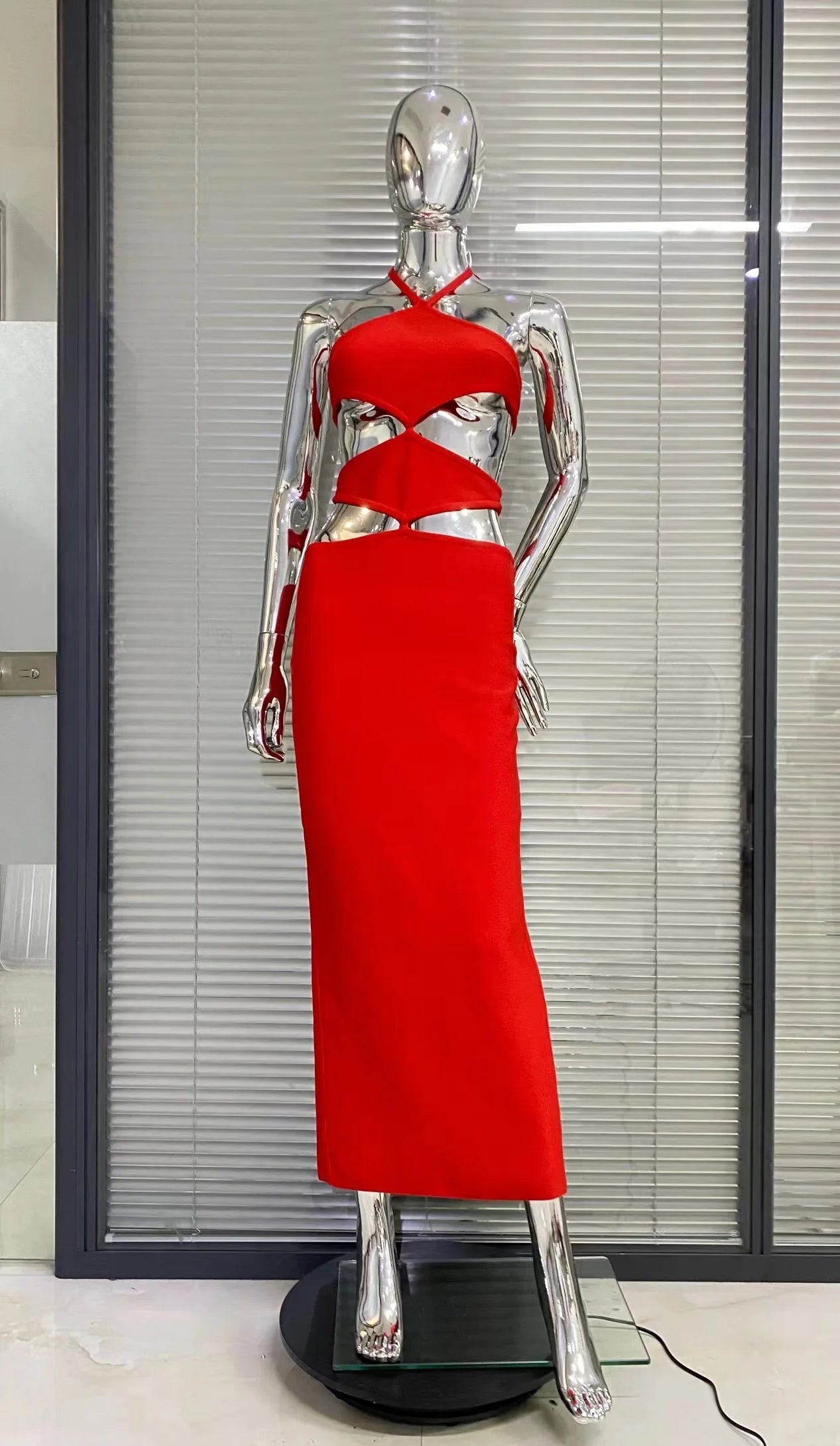 Summer Red Color Women Sexy Halter Cut Out Bodycon Bandage Long Dress Fashion Birthday Christmas Cocktail Party Dress