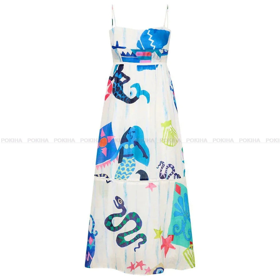 Elegant Straps Slip Print Maxi Dress Women Fashion Sweet Holiday Long Dresses Female Chic Vestidos Beach Sleeveless Beige