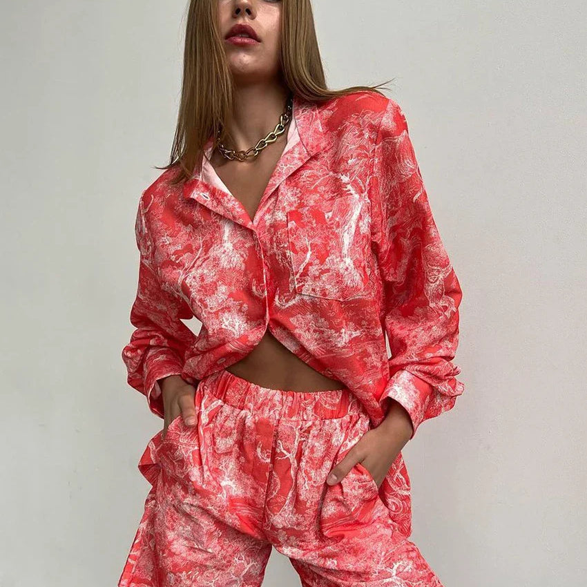 Clacive Fashion Loose Print 2 Piece Sets Women Outfit  Elegant Long Sleeve Shirt With High Waist Shorts Set Streetwear