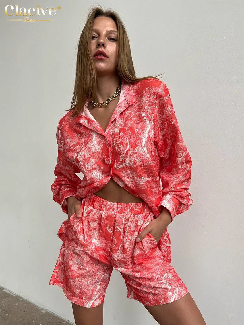 Clacive Fashion Loose Print 2 Piece Sets Women Outfit Elegant Long Sleeve Shirt With High Waist Shorts Set Streetwear