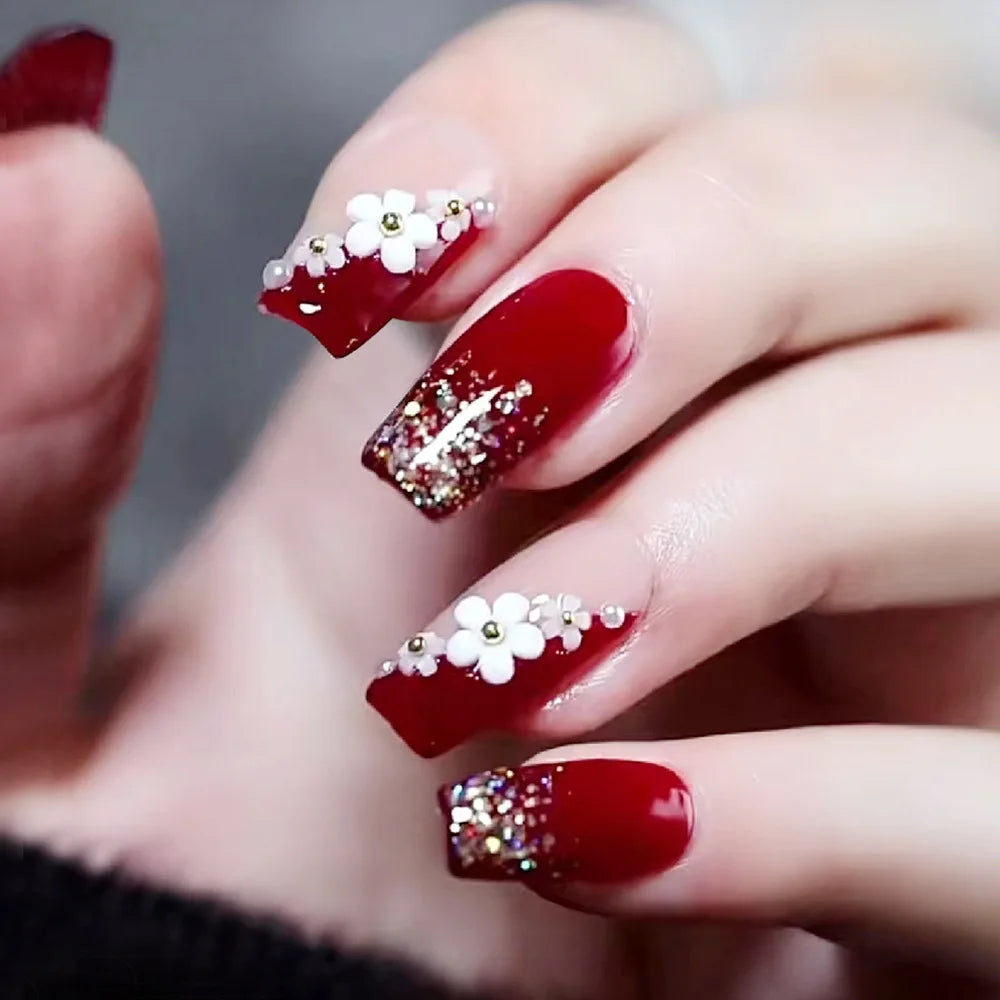 24Pcs Red Fake Nails with 3D White Flower Design Mid Length Coffin Press on Nails Wearable Korean Sweet Flower False Nails