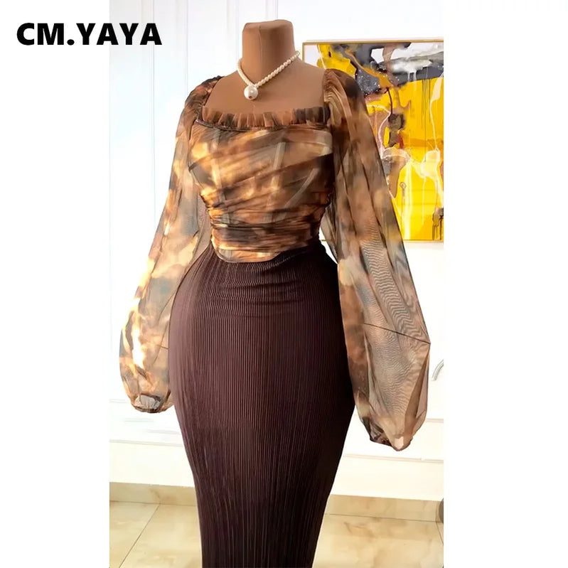 CM.YAYA Fashion Elegant Mesh Printed Women Set Street Tops + High Waist Long Skirts Suits Party Birthday Two 2 Piece Sets Dress