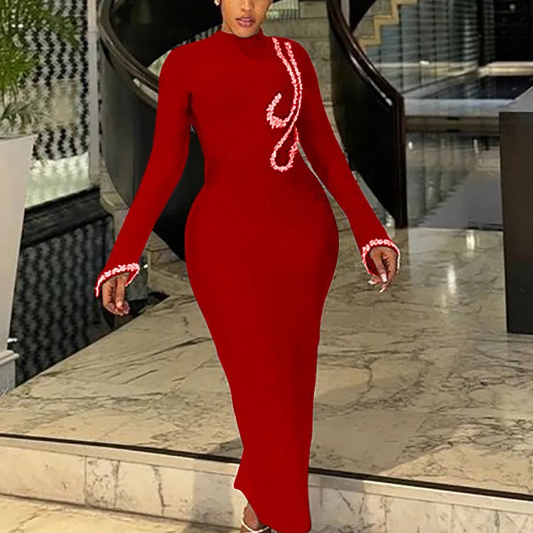 Women Winter Celebrity Sexy Turtleneck Diamonds Black Maxi Long Bodycon Bandage Dress 2024 Elegant Evening Club Party Dress