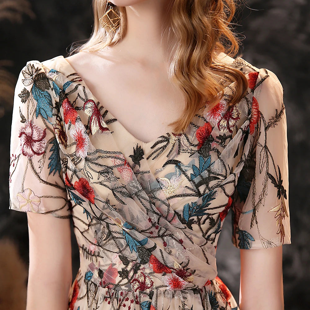 Floral Fancy Tea Length Evening Dresses with Short Sleeves Sexy V Neck Embroidery Flower Prom Gown