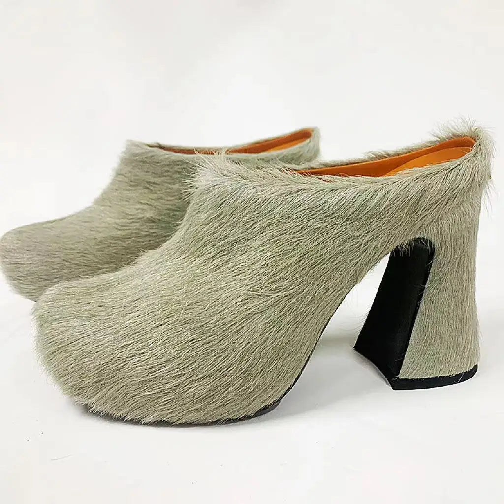 Fur Leather High Heels Women 2024 Designer Elegant Platform Women Mules Slipper Shoes For Wedding Party Dress Shoes GRAY