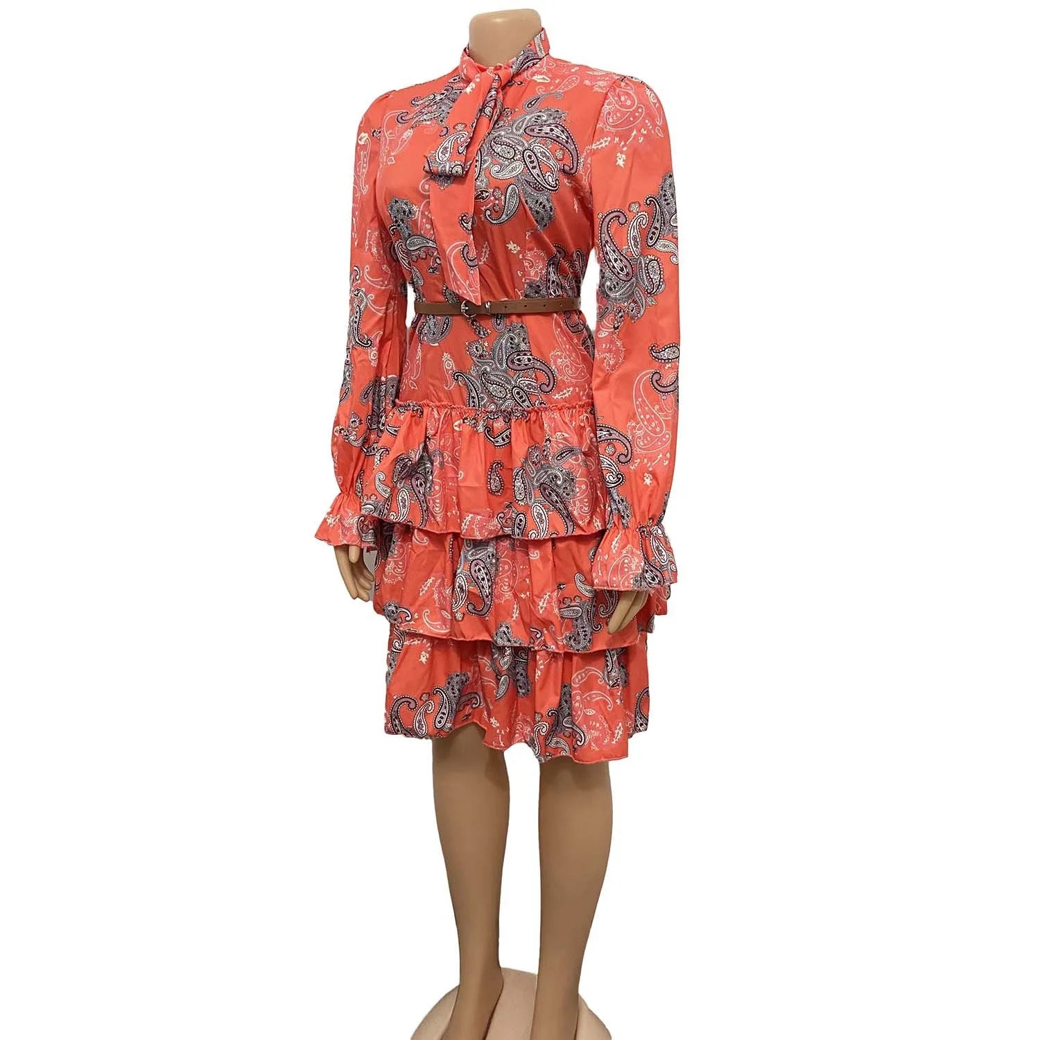 Elegant Office Ladies Dresses for Women Bow Collar Full Sleeve Belt Waisted Ruffles Knee Length Formal Business Work Vestidos OL