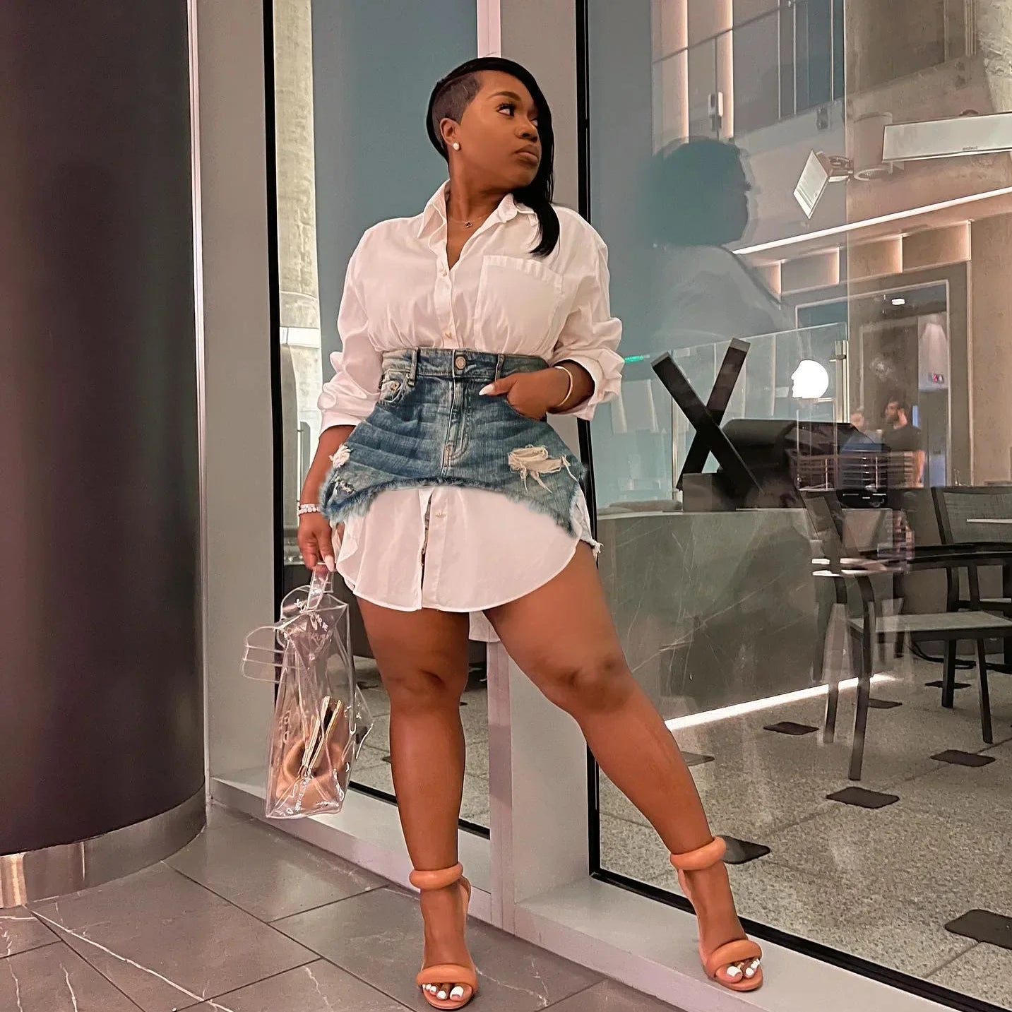 CM.YAYA Vintage Women Long Sleeve Turn-down Collar Shirt Blouse Style Dress with Denim Jean Irregular Mini Skirt Two 2 Piece Set