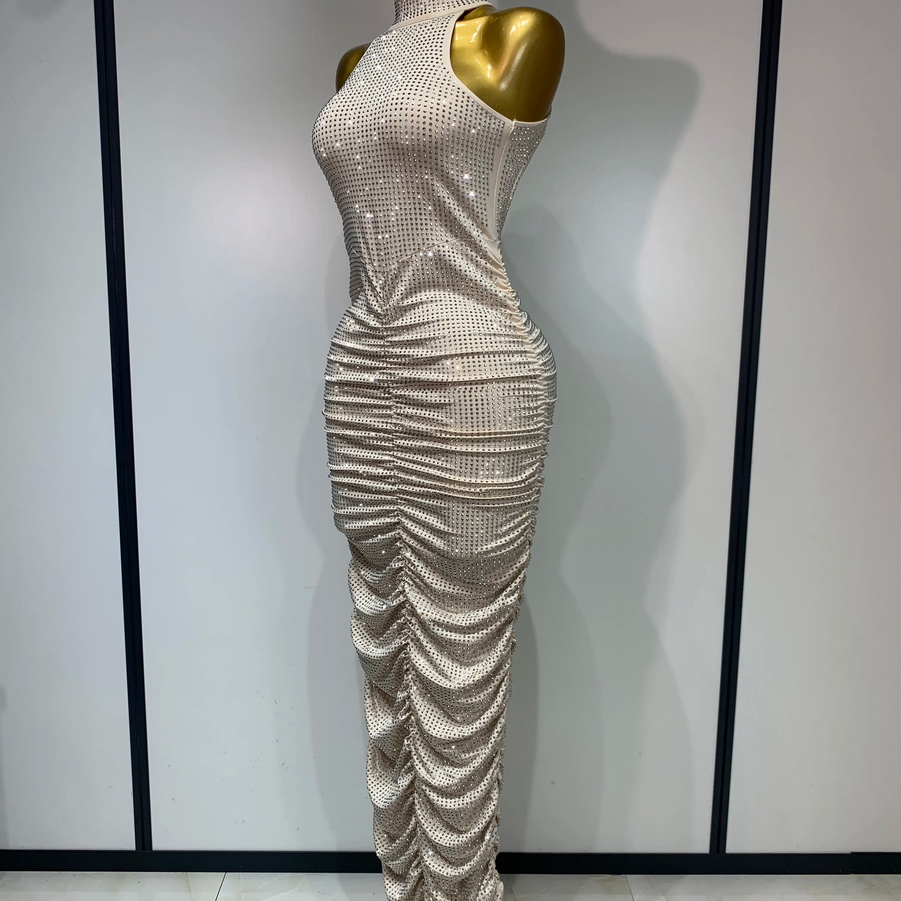 Women Sexy Backless Sleeveless Sparkly Diamonds Dress Slim Formal Elegant Celebrity Cocktail Party Luxury Birthday Gown Vestido