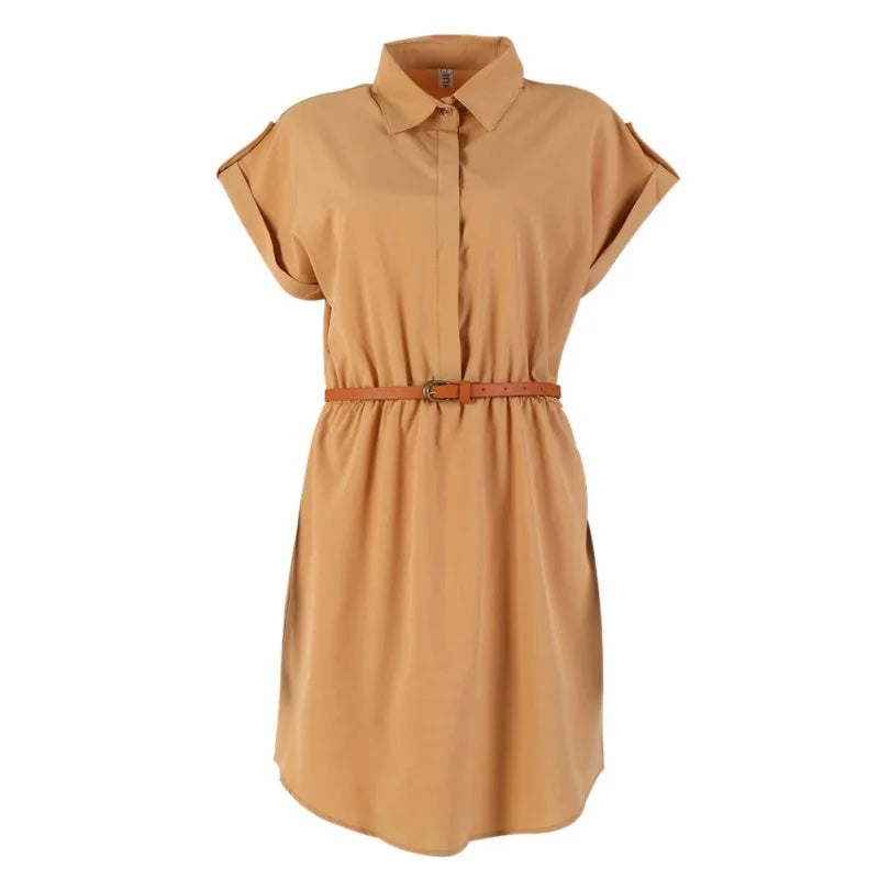 Women Dress A-Line Chiffon Casual Fashion Short Sleeve OL Dress With Belt Dresses M