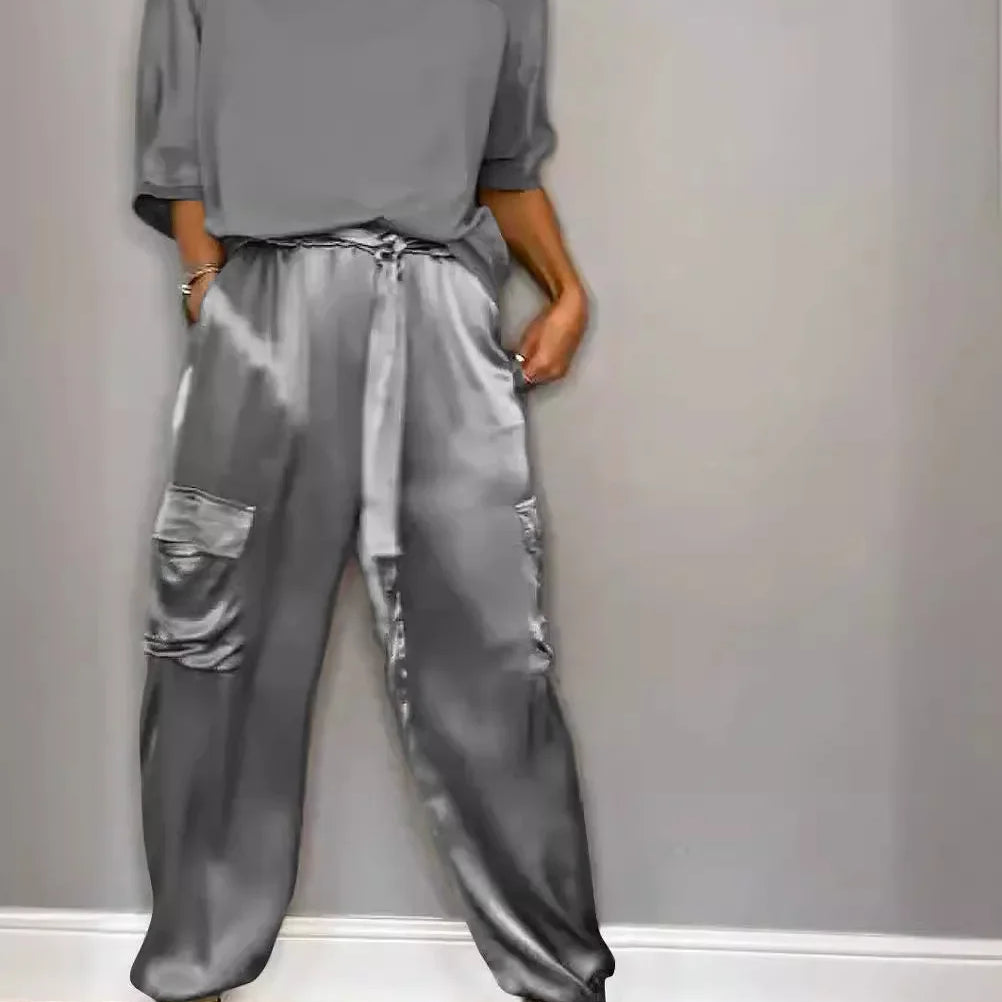 Summer Satin 2 Piece Set Women Casual Solid Color 2 Piece Outfit Half Sleeve Tops Loose Fit Pants Suit Two Piece Sets Gray