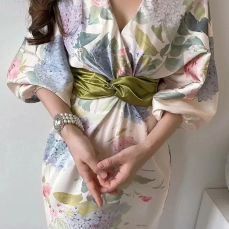 Women Elegant Floral Midi Dress Spring Vintage Japan Style Chic Bodycon Birthday Party Vestidos Female Fashion One Pieces Robe