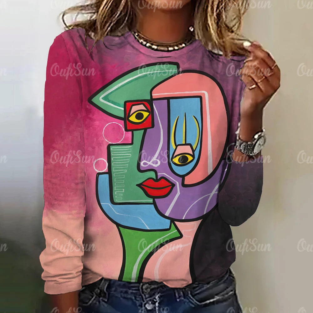 Autumn Funny Face Painting Women's Long Sleeve Top T-Shirts Girls Harajuku Colorful Gothic Tee Oversized Female Fashion Clothing