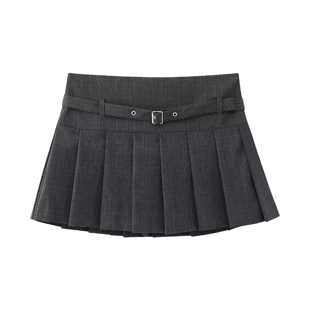 Vintage Casual Chic Women Skirt Solid Short Zipper Straight Short Skirt New Fashion Autumn Holiday Mini Skirt Plaid Dark Gray
