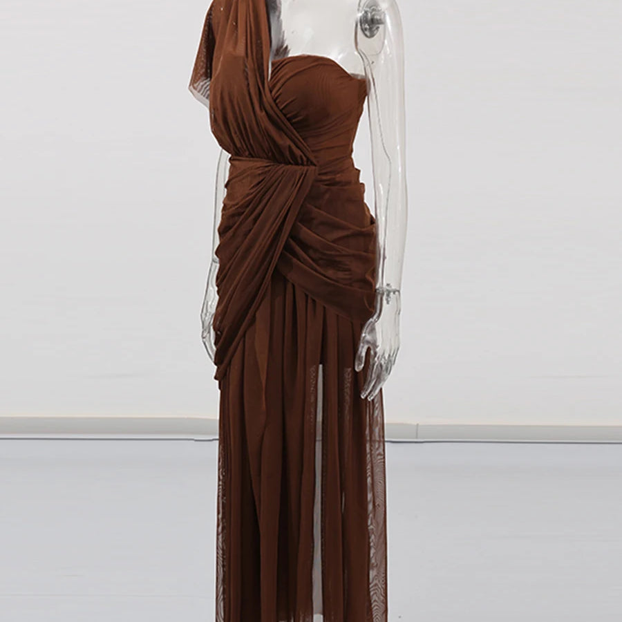 TWOTWINSTYLE Solid Slimming Sheer Dresses for Women Diagonal Collar Sleeveless Patchwork Folds Irregular Dress Female Clothing