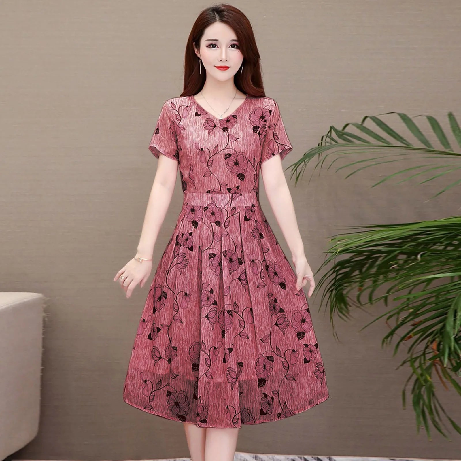 Women Ladies Casual Dress Boho Vintage Floral Print Short Sleeve Dress V-Neck Lower Back Dress Summer Breathable Streetwear Pink