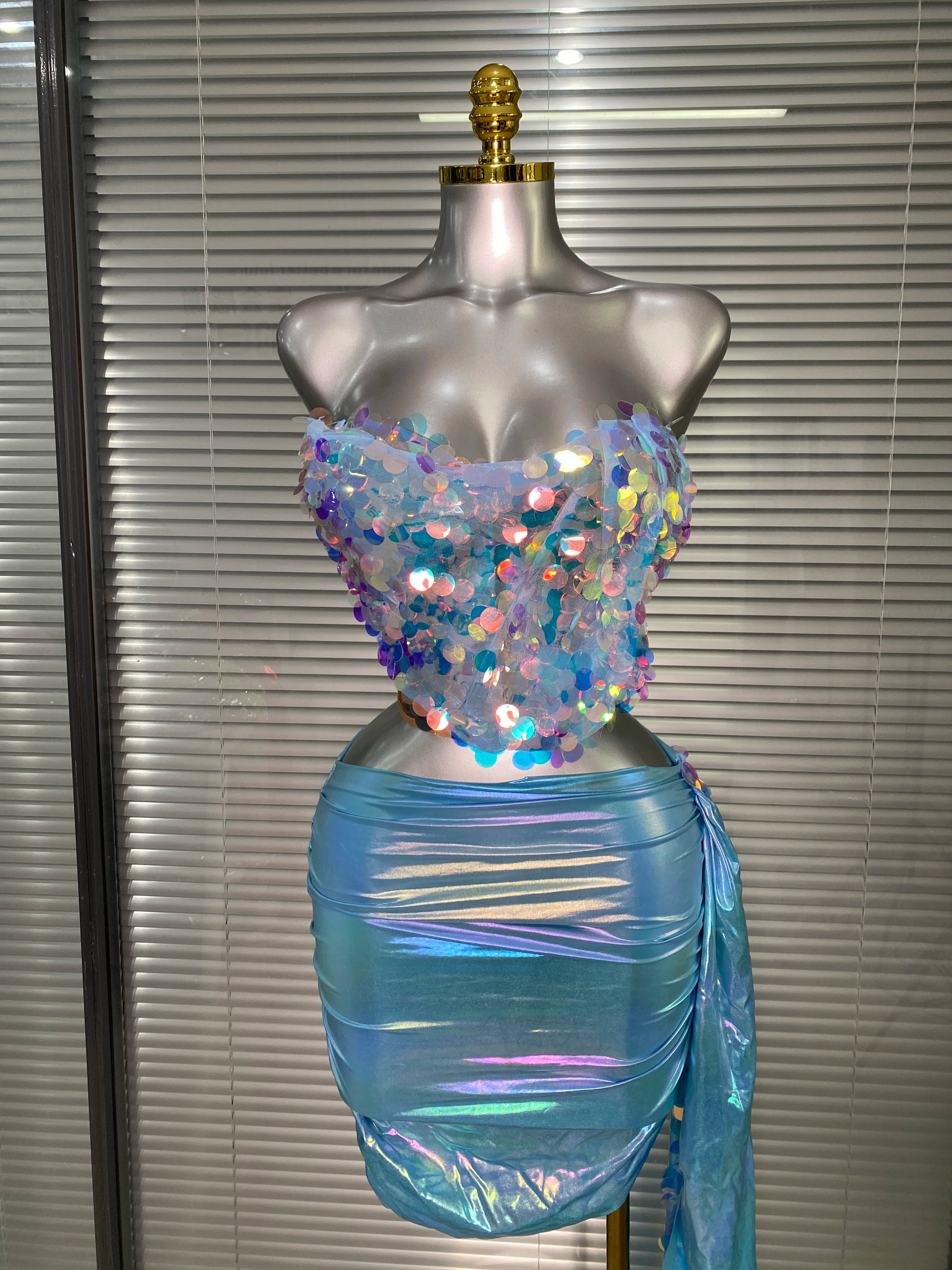 Women Sexy Sequins Blue Two Pieces Set Colorful Crystal Diamonds Night Club Sparkly Skirt Suits Singer Dancer Stage Costume