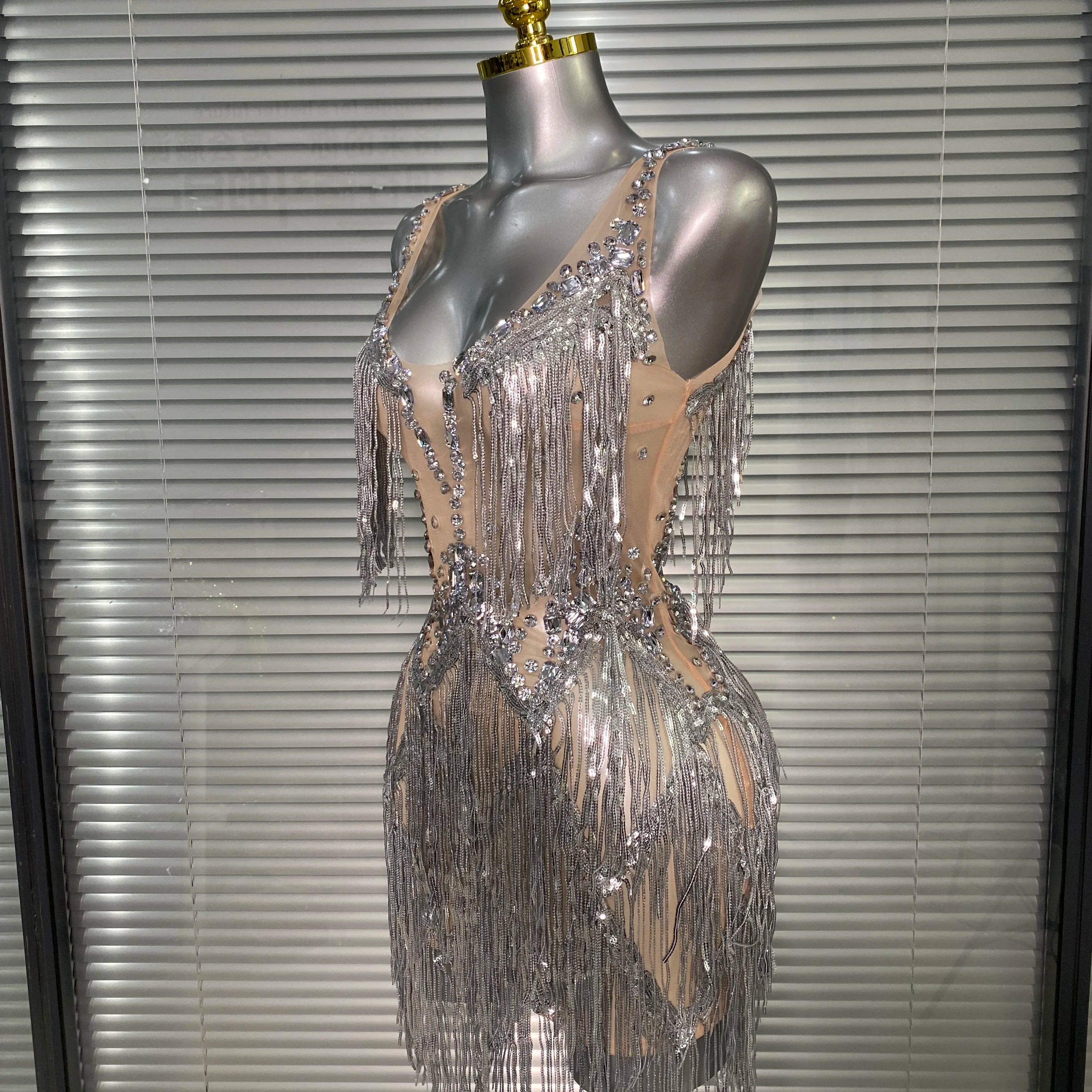 Celebrity New Women Sexy Mesh Sleeveless Stage Performance Costume Crystal Tassel Dancer Singer Night Club Mini Party Dress