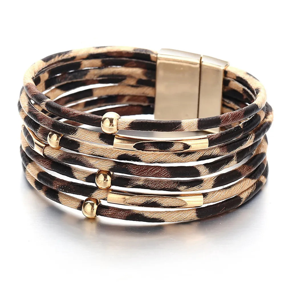 New Leopard Print Multi-Layered Aid Magnet Bracelet For Women Fashion PU Leather Bracelet Bohemian Party Jewelry brown