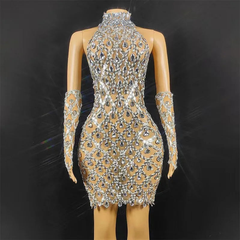 STOCK Hot Sale Women Sexy See Through Mesh Bodycon Mini Dress Gloves Shinning Crystal Nightclub Party Celebrate Christmas Dress