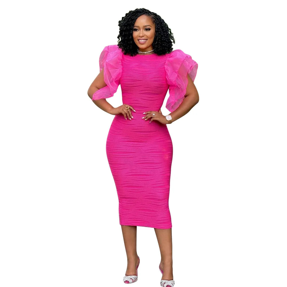 CM.YAYA Women Ruffles Short Sleeve O-neck Striped Knee Length Dress Street Vestidos Sexy Night Club Party Evening Chic Dresses Rose Red