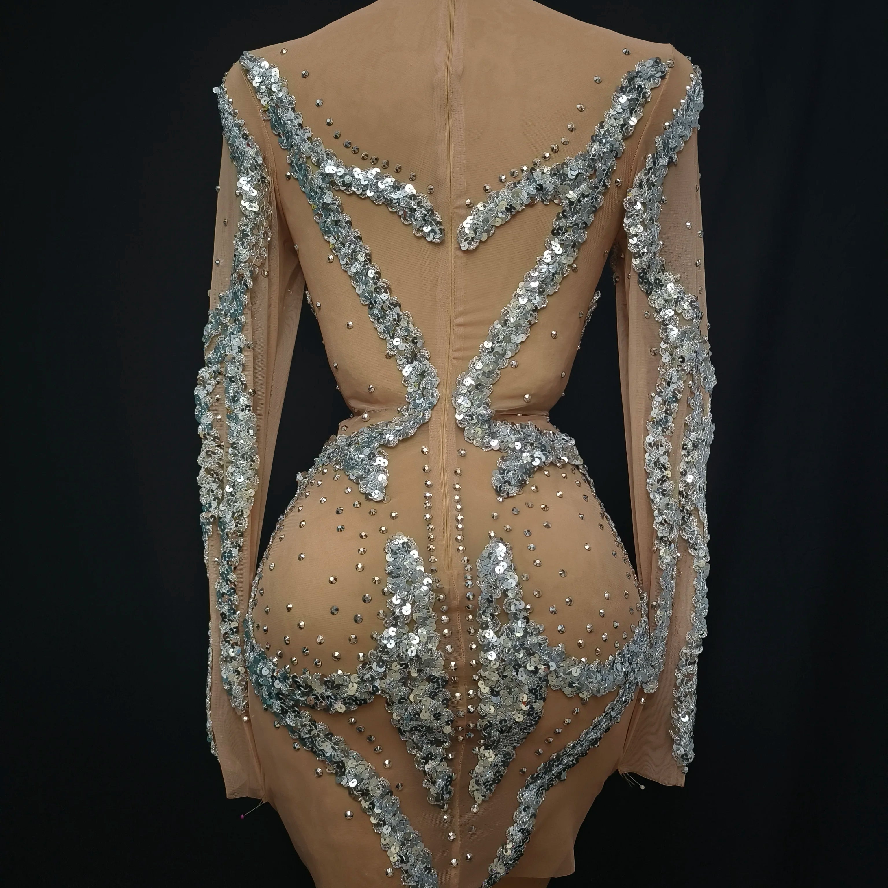 Women Sexy Mesh Crystal Nude Stretchy Long Sleeve Night Club See Through Singer Dancer tage Costume Mini Party Dress