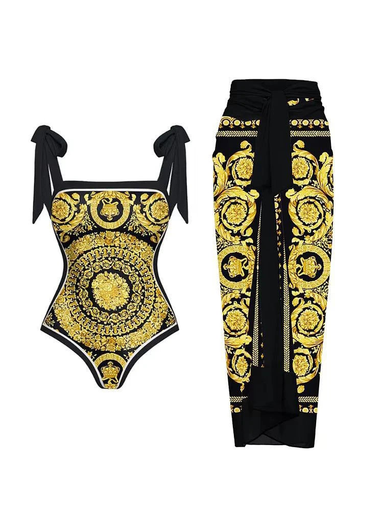 2024 New Fashion Double Sided Printed Lace Up One Piece Swimsuit Women 2023 Sexy High Waisted Lace Up Bikini Swimsuit Cover Up Gold 2 CHINA