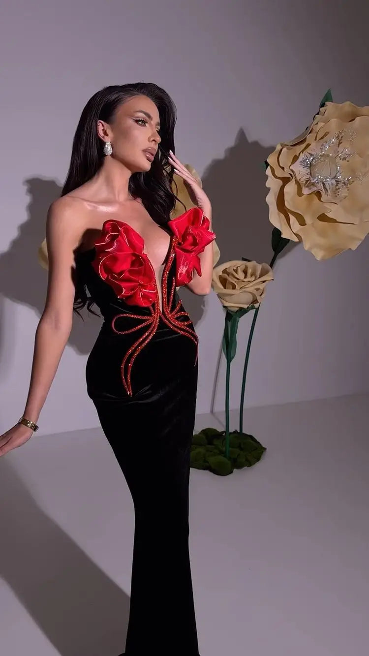 New Arrival Black Red Florals Sexy Strapless Diamond Line Bodycon Bandage Long Dress Fashion Celebrate Nightclub Party Wear