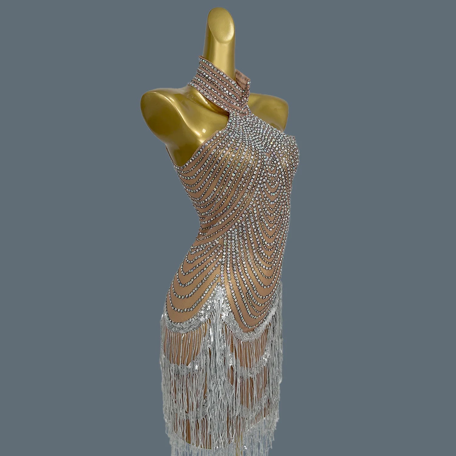 Shining Diamonds Tassel Dress Sexy Women Elastic Perspective Crystal Dress Singer Stage Costumes Latin Dance Dress Diaodeng