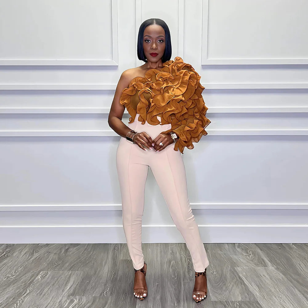 CM.YAYA Women Ruffles One Sleeve Skew Collar Tunic Blouse and Shirt Tops 2024 Summer Streetwear Night Club Party Beach Tops