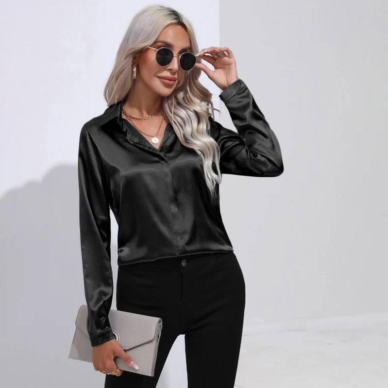 Spring Autumn Satin Shirt Women V Neck Long Sleeve Office Shirt Blouses Ladies Black White Silk Loose Shirts For Women