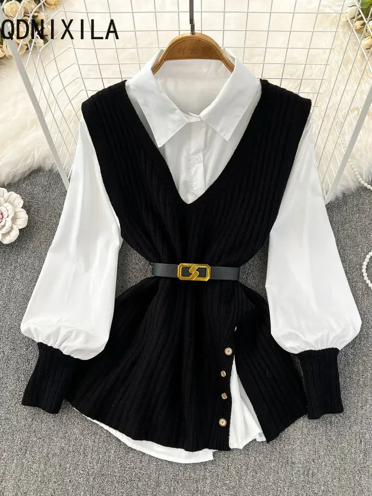 Loose White Shirt Long Sleeve Top Women's Belt Slit Knit Vest Korean Fashion Two Piece Set for Women Blouse Spring New