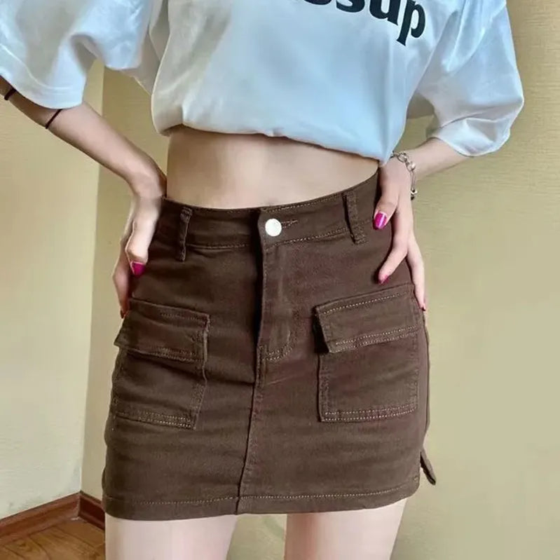 Korean High Wiast Denim Mini Skirt Women Sexy Hot Girl Tight Bag Hip Skirts Female Slim Anti-Glare Short Skirts Female Coffee