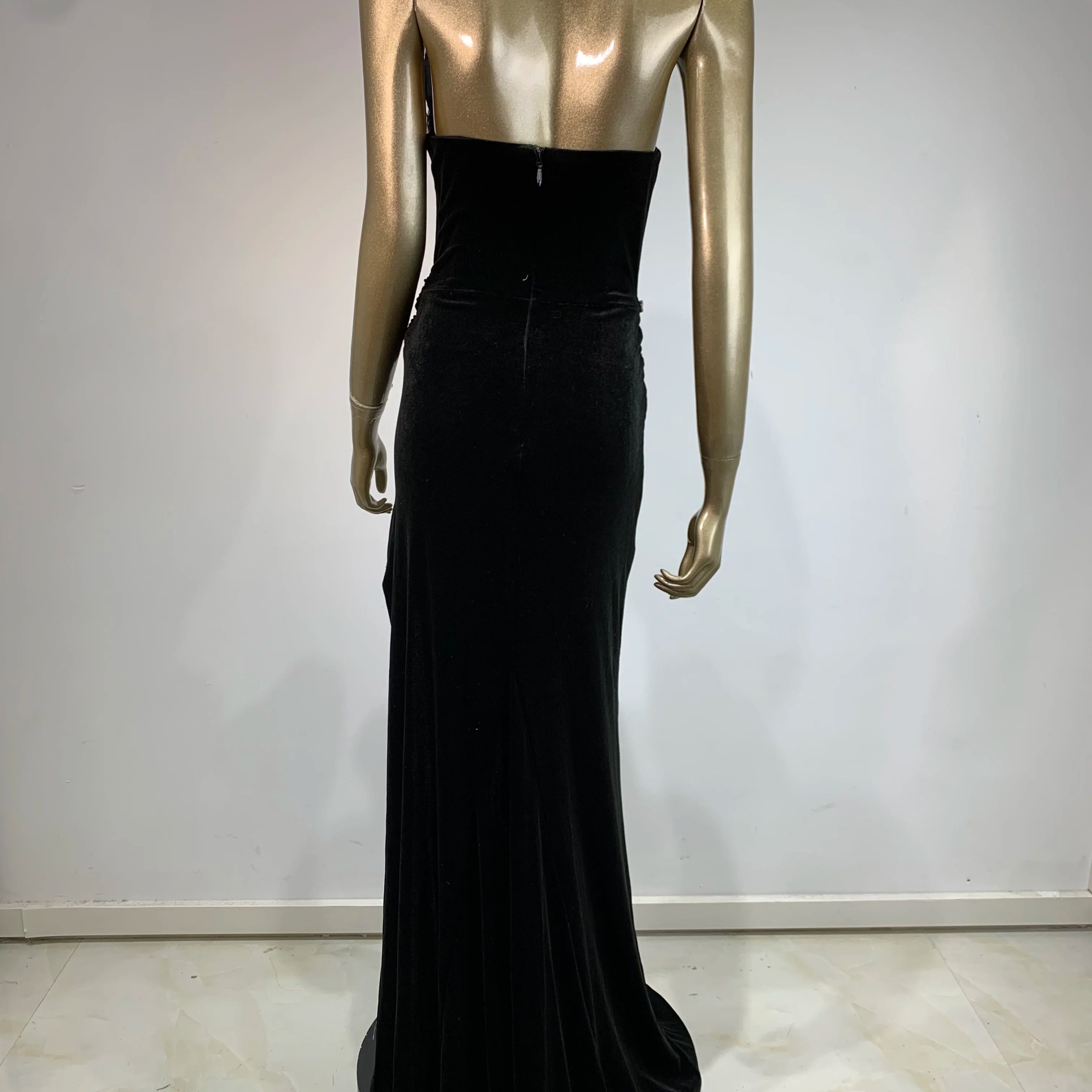 Sexy Strapless Backless Split Diamonds Black Velvet Maxi Long Women Celebrity Dress 2024 Elegant Party Evening Club Vestido