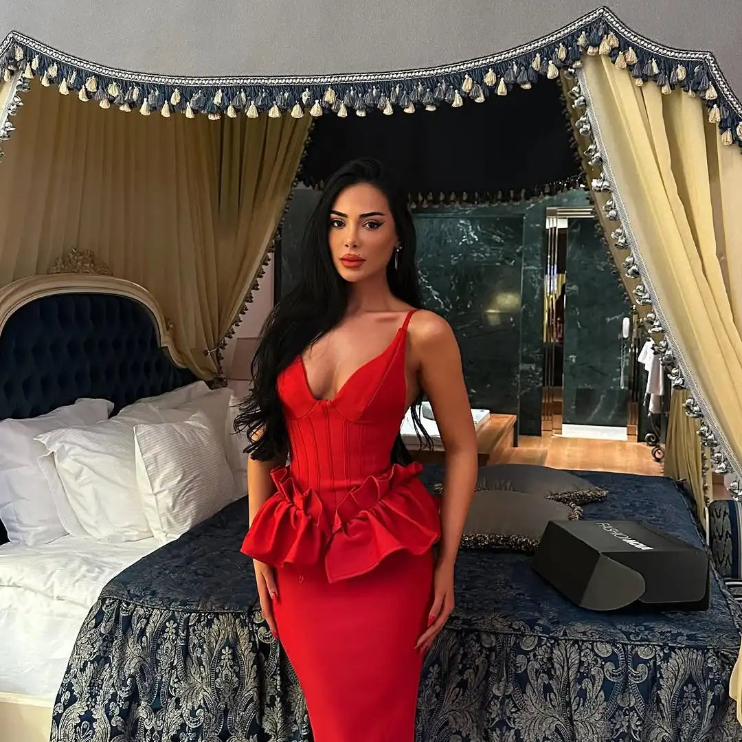 Valentine's Day Women Sleeveless V-Neck Ruffles Bodycon Long Bandage Dress Celebrate Evening Party Birthday Cocktail Dress