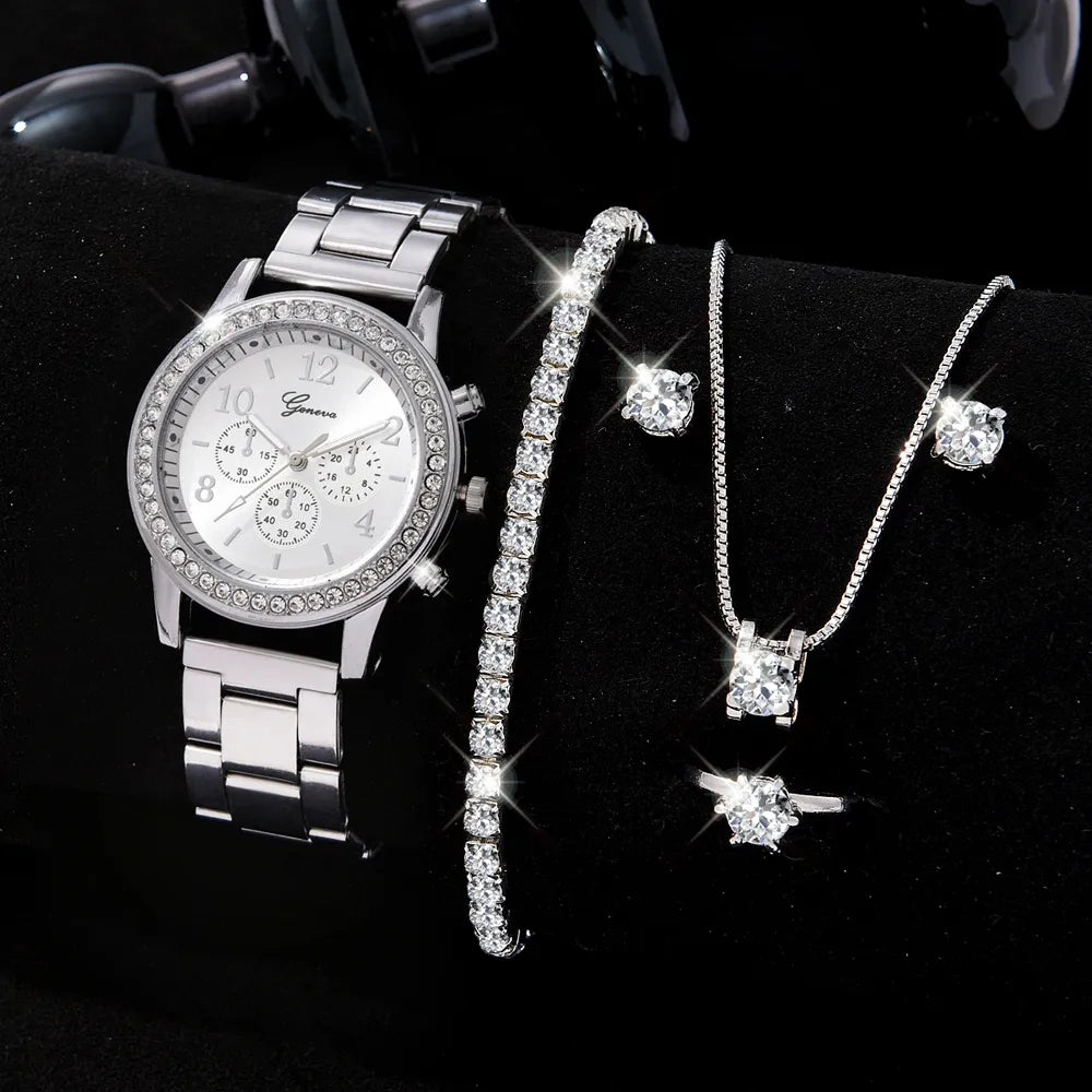 6PCS Set Luxury Watch Women Ring Necklace Earrings Rhinestone Fashion Wristwatch Female Casual Ladies Watches Bracelet Set Clock 6PCS Silver Set