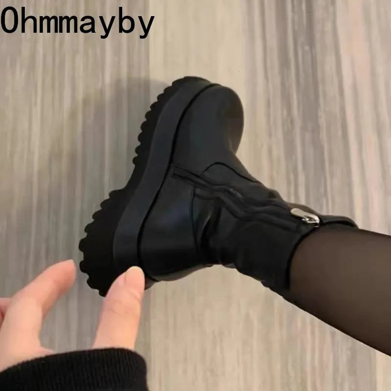 Winter Punk Style Women Ankle Boots Fashion Thick Sole Zippers Gothic Short Boot Ladies Elegant Platform Flats Shoes