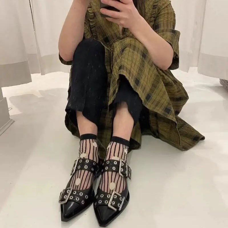 European and American Spring/Summer 2024 New Brand Rivet Sandals Low Heel Pointed Fashion Women Muller Shoes Black Big Size 42