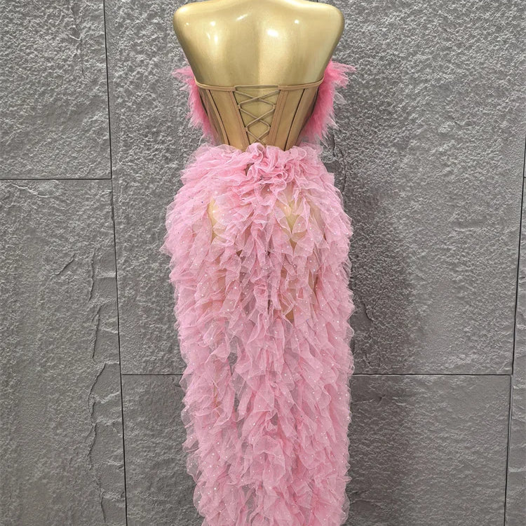 Pink Color Women Sexy Strapless Ruffles 2 Pieces Bodycon Long Dress High Split Fashion Nightclub Party Birthday Fashion Dress