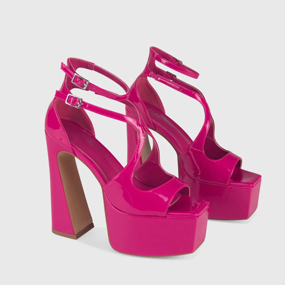 Women color patent leather sandals thick wedge block high heel lady sexy party luxury shoes rose red patent pu