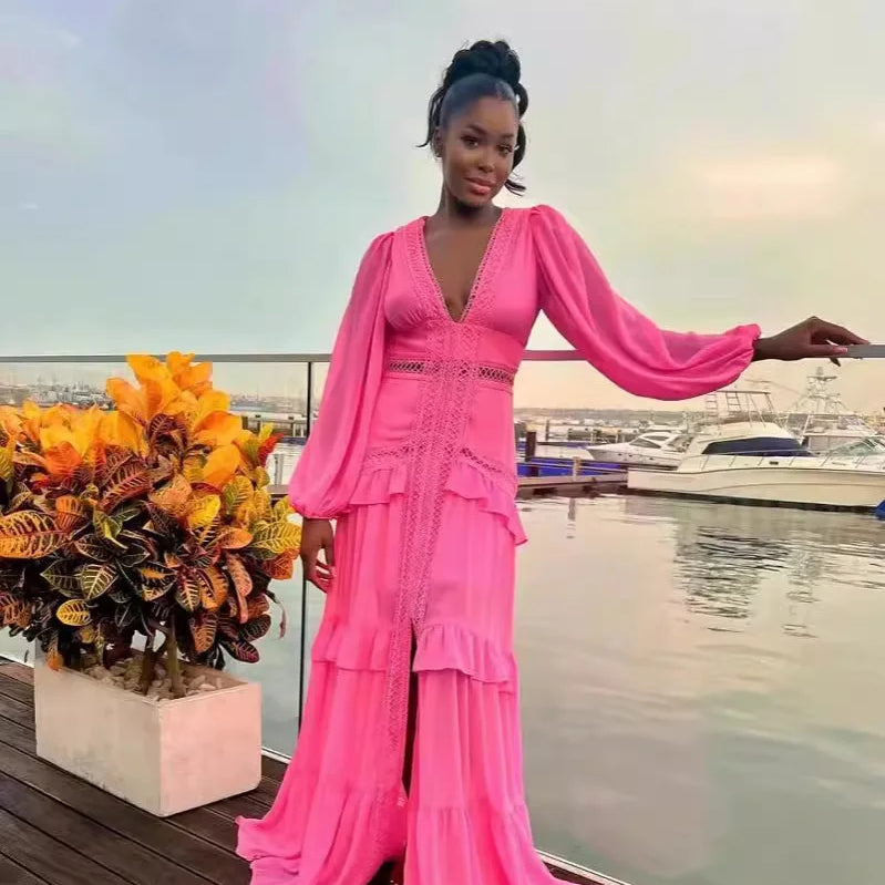 CM.YAYA Women V-neck Full Sleeve Ruffles Lace Long Maxi Dress 2025 Spring Beach Holiday Party Sexy Street Vestidos Sexy Dresses