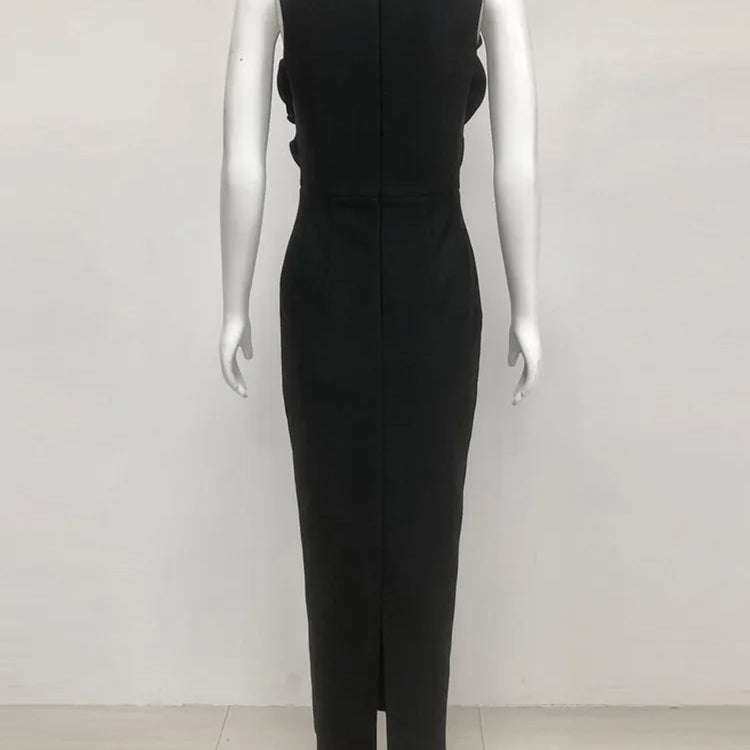 Vestido longo, sexy, com decote em V profundo e flores, estilo celebridade, preto, longo, bandagem justa, elegante, para festa noturna, 2025